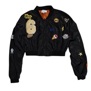 Black bomber jacket cropped patch graphic embroidered Jr women size S